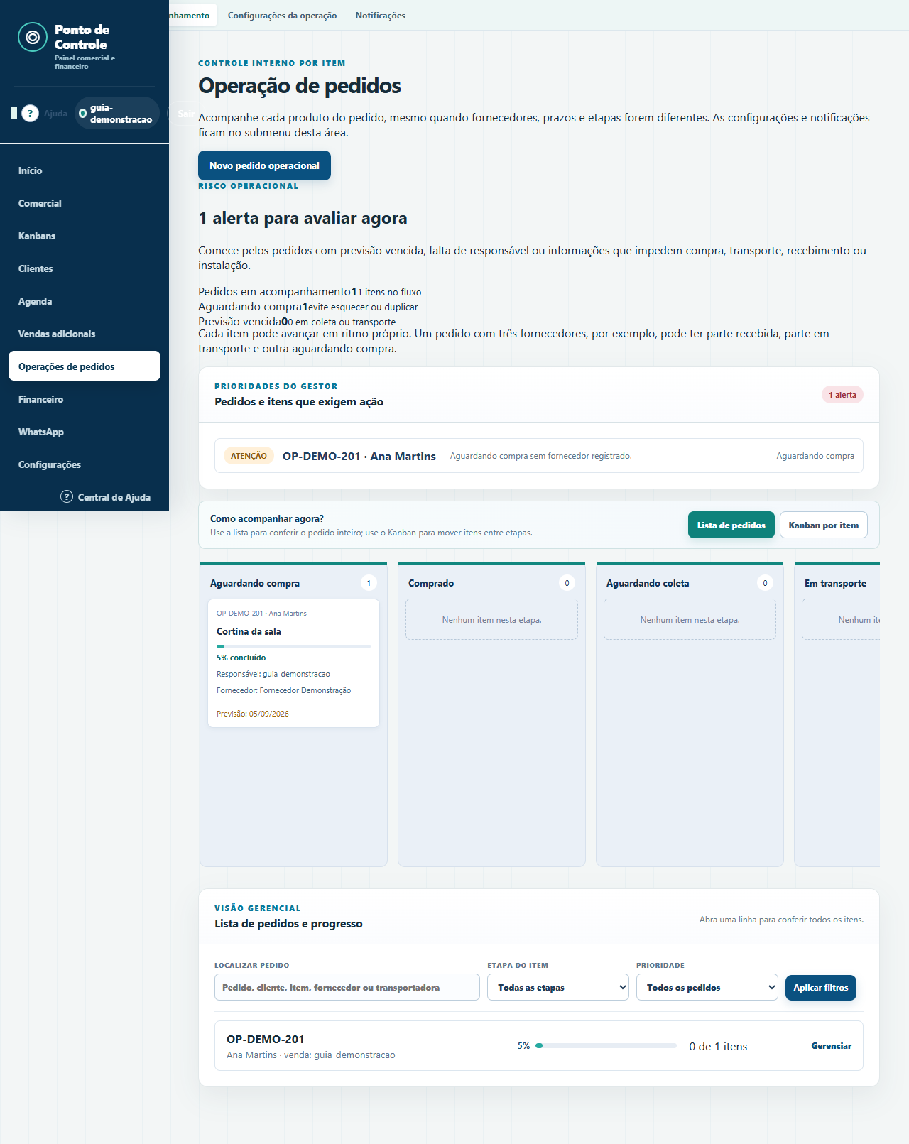 Acompanhamento de instalação e produção: visão detalhada por item com fornecedor, status e previsão